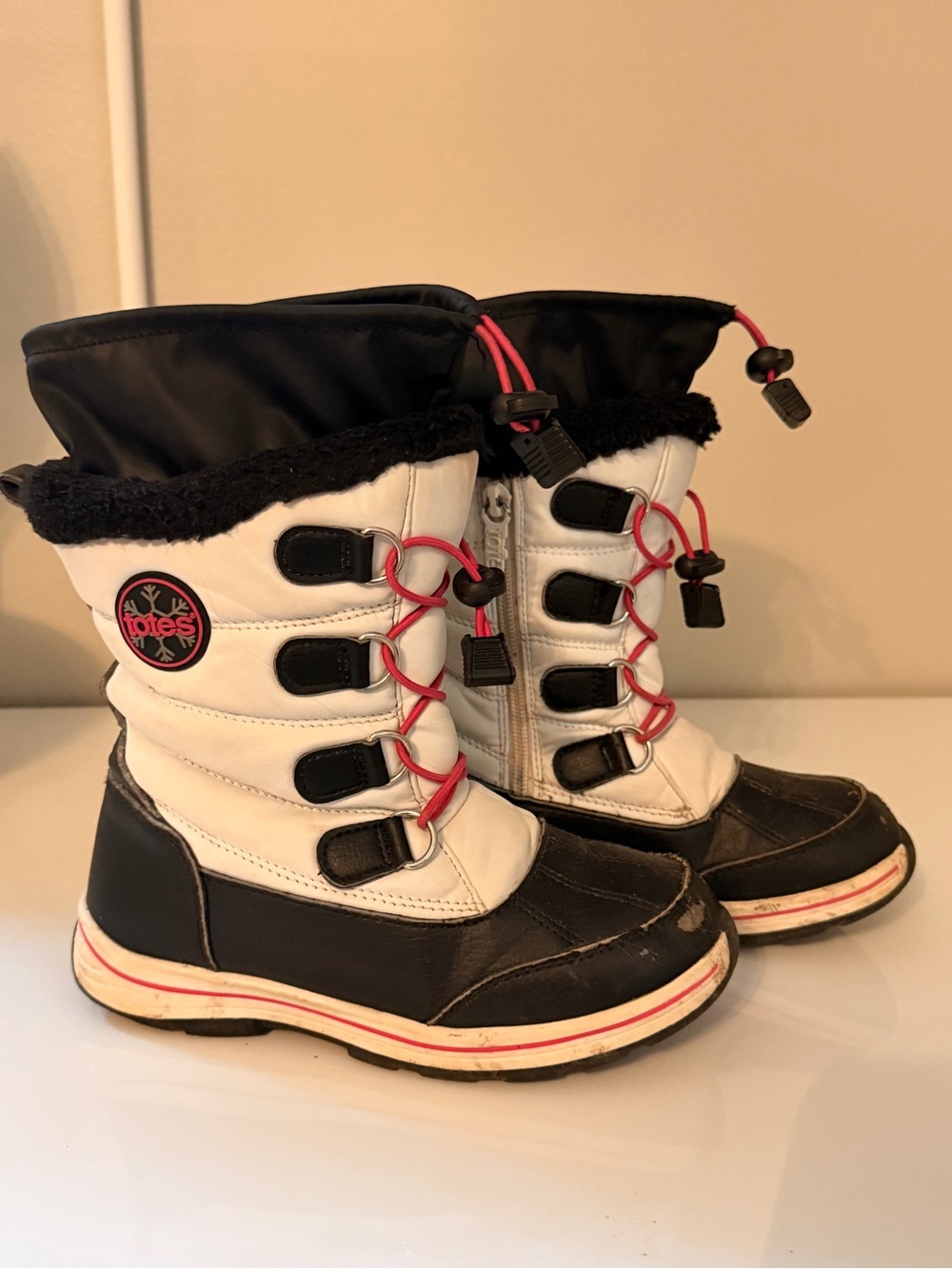totes Kids Black and White Winter Boots with Pink Accents